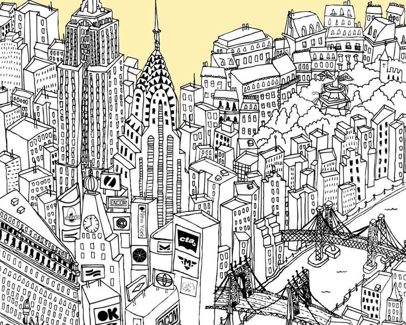 May include: Black and white illustration of a cityscape featuring iconic buildings, bridges, and architectural details. The artwork includes the Chrysler Building, billboards, and the text "New York". The drawing style is detailed and artistic, with a yellow background.