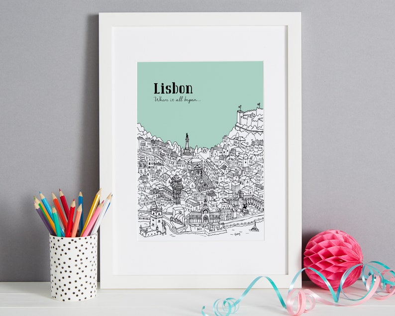 May include: A black and white line drawing of the city of Lisbon, Portugal, with the text "Lisbon" and "Where it all begins..." on a light green background. The drawing is framed in a white frame.
