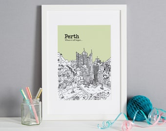 May include: A framed print with a green background and a black and white illustration of the Perth skyline. The text "Perth" and "Where it all began..." is printed below the illustration.