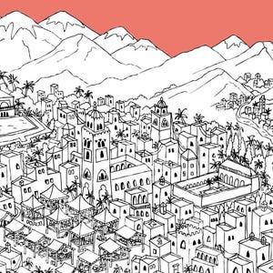 May include: A black and white line drawing of a city with buildings, mountains, and a pool in the center. The city is surrounded by mountains and trees.