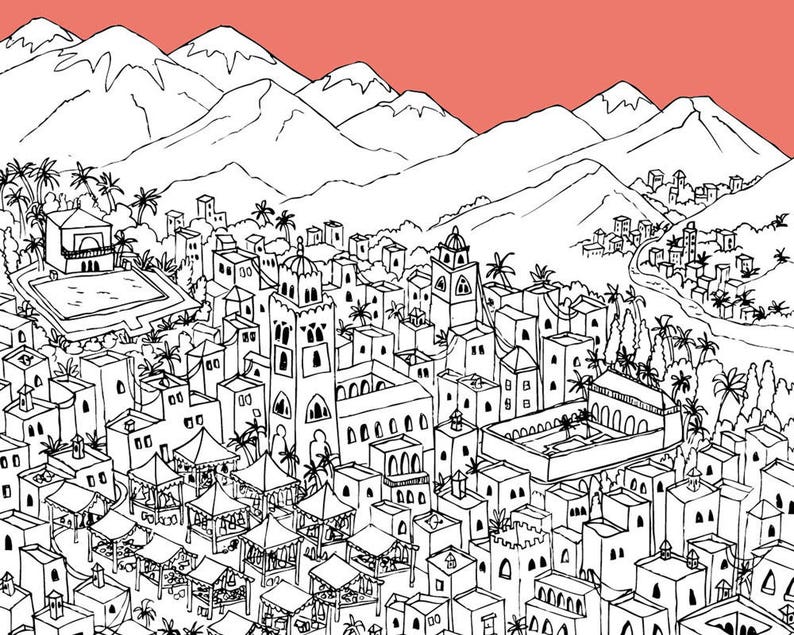 May include: A black and white line drawing of a city with buildings, mountains, and a pool in the center. The city is surrounded by mountains and trees.