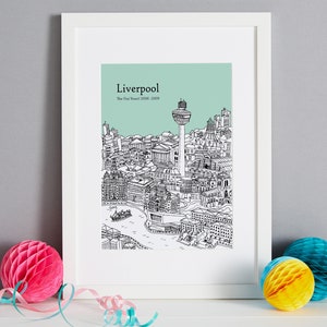 Op de afbeelding: Een zwart-witte illustratie van de skyline van Liverpool, met daarop het Liver Building, het Royal Liver Building en de Radio City Tower. De illustratie is geplaatst tegen een lichtgroene achtergrond en bevat de tekst "Liverpool" en "The Uni Years 2006-2009".