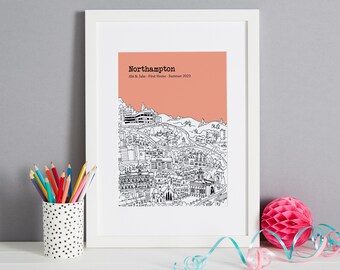 Personalised Northampton Print | Unique Northampton Wedding Gift | First Anniversary Gift |  Engagement Gift | Northampton Skyline Print