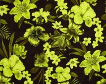 Robert Kaufman- Tahitian Nights- Lime Green - Tropical Hibiscus Flowers Fabric by the yard