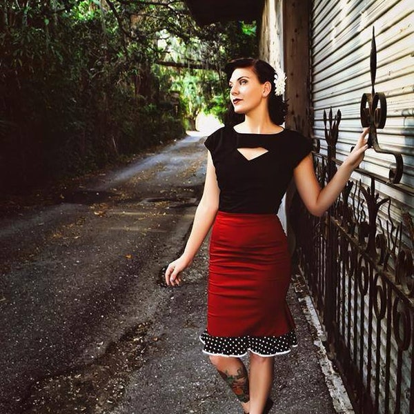 Lolita Natural Waist Pencil Skirt in Red and Black Polka Dot