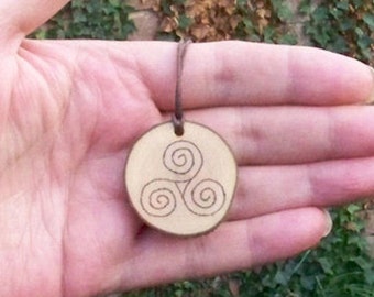 Triple spiral pendant  triskele  pyrographed in Hazel