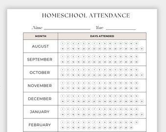 HomeschoolTeilnahme-Tracker druckbare PDF-Datei, digitale Anwesenheitsliste zur Auflistung des Homeschool-Schüleranwesenheitskalenders Schuljahr