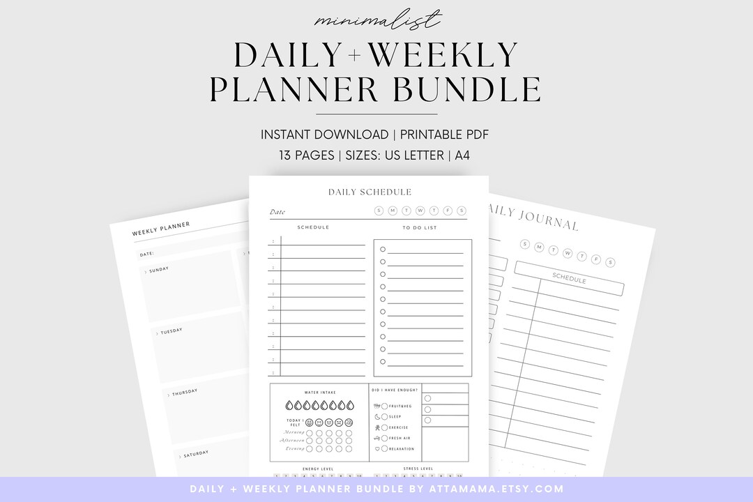 Daily Hourly Planner Printable Bundle Minimalist, PDF Daily Schedule ...