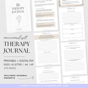 Puede incluir: Un diario de terapia minimalista imprimible con 72 páginas. La portada presenta un diseño floral sencillo y el texto "The Therapy Journal". El diario incluye indicaciones para la autorreflexión y la escritura en el diario.
