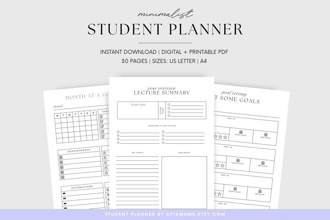 College Student Planner Printable Digital PDF, Minimalist College ...