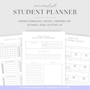 College Student Planner Printable Digital PDF, Minimalist College Printable Planner Trackers ...