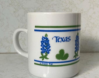 Vintage 1987 K Cramer Ceramic Wraparound TEXAS Bluebonnets & Prickly Pear Cactus Souvenir Mug - Blue Bonnet Wildflowers Cacti Hill Country
