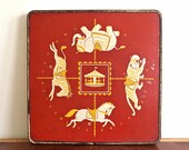 MERRY GO ROUND. Antique Early Childrens Table - Metal Frame Folding Legs - Carousel Animals - Alphabet Letters - Zebra Tiger Elephant Horse