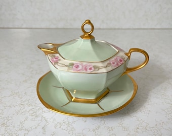 Antique MZ AUSTRIA Moritz Zdekauer Altrohlau Porcelain China Lidded Creamer & Saucer - Green Hex ROSES Handpainted Gilded Heavy Gold Trim