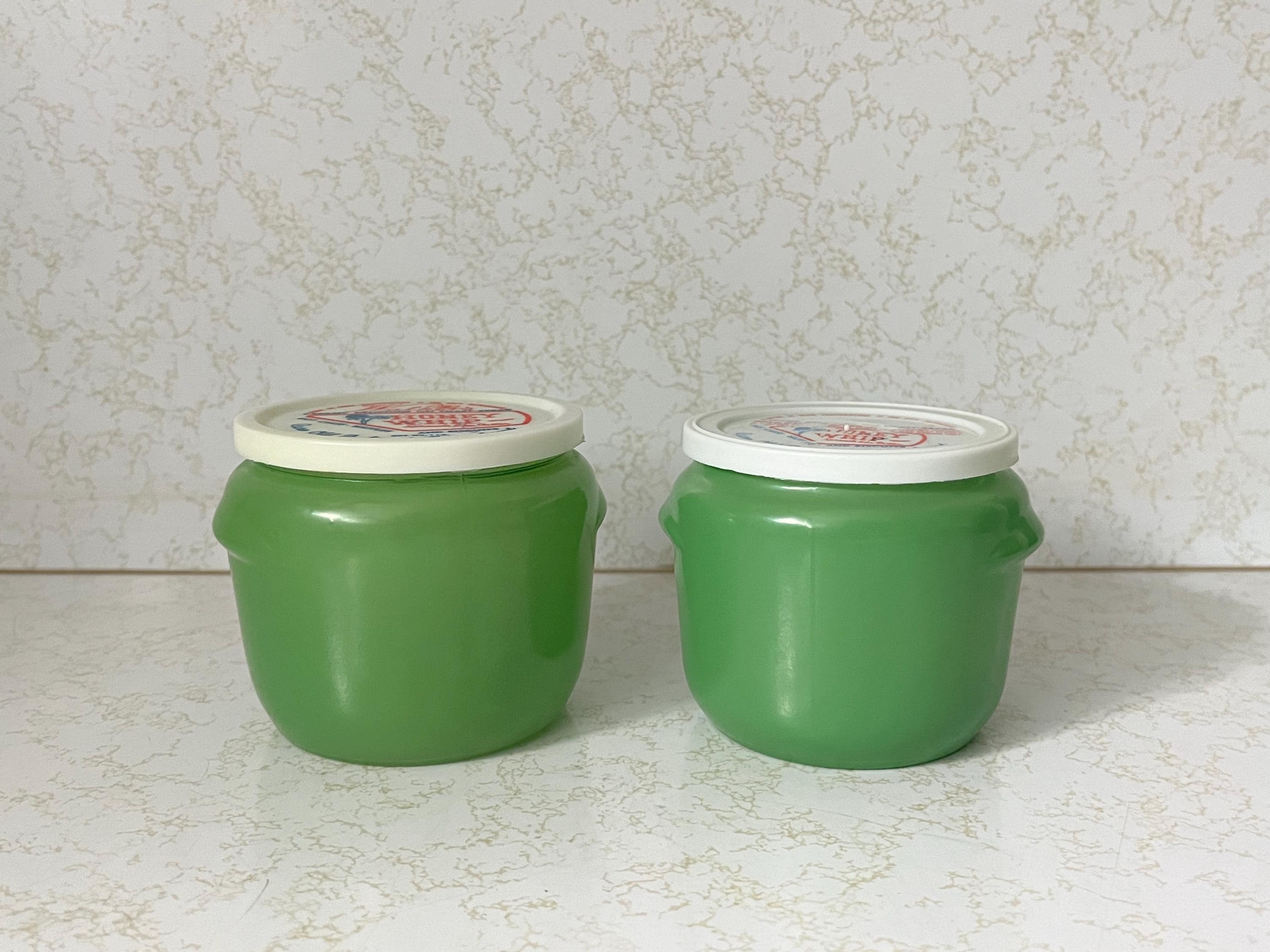 Vintage Pair / Set of 2 GREEN Walker's Honey Whip Glass Jars WITH