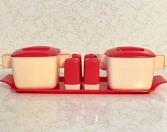 Vintage 1950s Federal Tool Corp &quot;Hostesset&quot; Hostess Set - Red & Cream - Sugar Bowl + Creamer + Salt and Pepper Shakers + Tray - Chicago USA