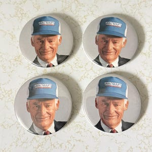 4 Vintage 1980s Sam Walton WALMART 2.25" Pinback Buttons / Round Pins - Our People Make The Difference Advertising Slogan on Trucker Cap Hat