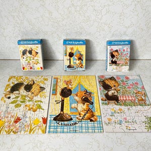 Lot of 3 Vintage 80s JAYMAR Kit & Kaboodle Mini 54 Piece Picture Puzzles - Darling Whimsical Cartoon Illustration Kitten and Mouse Friends