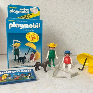 Vintage 1983 PLAYMOBILE Farmer and Wife Set #2950 - Retro 80s Hard Plastic Play Toys Make Believe Pretend Imagine Man Woman Dog Accessories