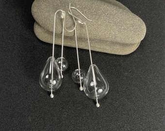 Mid Century Modern Sterling Silver and Teardrop Glass Bubble Earrings/Silver and Glass Dangle Earrings/Hand Blown Glass Earrings