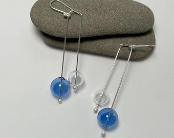 Mid Century Modern Sterling Silver and Glass Bubble Earrings/Silver and Glass Dangle Earrings/Hand Blown Glass Earrings