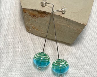 Mid Century Modern Silver and Cyan and Green Glass Bubble Earrings/Sterling Silver and Glass Bubble Earrings//Hand Blown Glass Bead Earrings