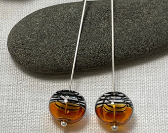 Mid Century Modern Silver Black and Amber Glass Bubble Earrings/Sterling Silver and Glass Bubble Earrings//Hand Blown Glass Bead Earrings