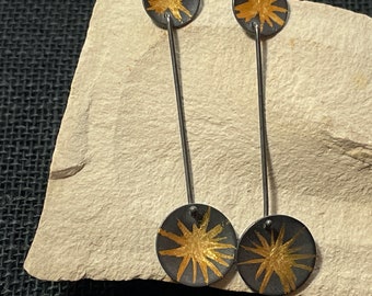 Oxidized Silver and Gold Leaf Dangling Starburst Earrings/Mid Century Modern Dangle Earrings