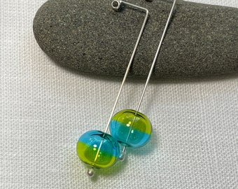 Mid Century Modern Lime Green and Cyan Blue Glass Bubble Earrings/Sterling Silver and Glass Bubble Earrings//Hand Blown Glass Bead Earrings
