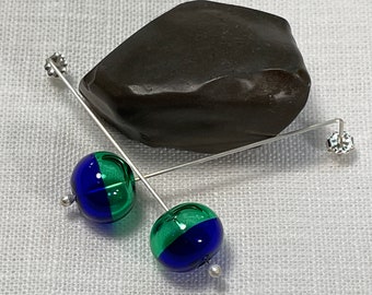 Mid Century Modern Green and Blue Glass Bubble Earrings/Sterling Silver and Glass Bubble Earrings//Hand Blown Glass Bead Earrings