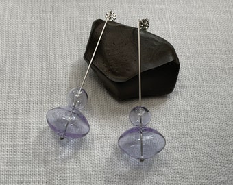 Mid Century Modern Sterling Silver and Lavender Glass Earrings/Silver and Glass Dangle Earrings/Hand Blown Glass Earrings