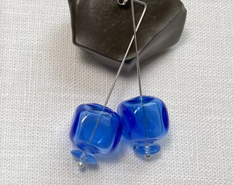 Mid Century Modern Silver and Blue Glass Bubble Earrings/Sterling Silver and Glass Bubble Earrings//Hand Blown Glass Bead Earrings