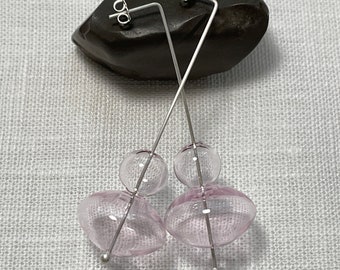 Mid Century Modern Sterling Silver and Pink Glass Earrings/Silver and Glass Dangle Earrings/Hand Blown Glass Earrings