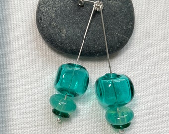 Mid Century Modern Silver and Turquoise Glass Bubble Earrings/Sterling Silver and Glass Bubble Earrings//Hand Blown Glass Bead Earrings