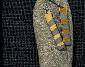 Mid Century Modern Black and Gold Rectangular Dangle Earrings in Negative Stripes/Oxidized Silver and Gold Geometric Dangle Earrings