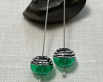 Mid Century Modern Silver Black and Green Glass Bubble Earrings/Sterling Silver and Glass Bubble Earrings//Hand Blown Glass Bead Earrings