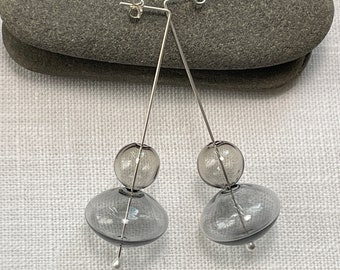 Mid Century Modern Sterling Silver and Gray Glass Earrings/Silver and Glass Dangle Earrings/Hand Blown Glass Earrings