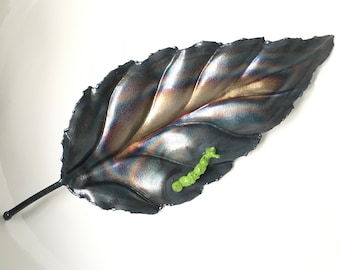 Large Metal Leaf with Handpainted Caterpillar Detail.