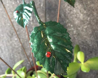 Bug Stick: Handmade Metal Leaf with Handpainted Ladybird Detail. Insect Sculpture