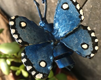 Blue Butterfly Bug Stick Metal Insect Sculpture