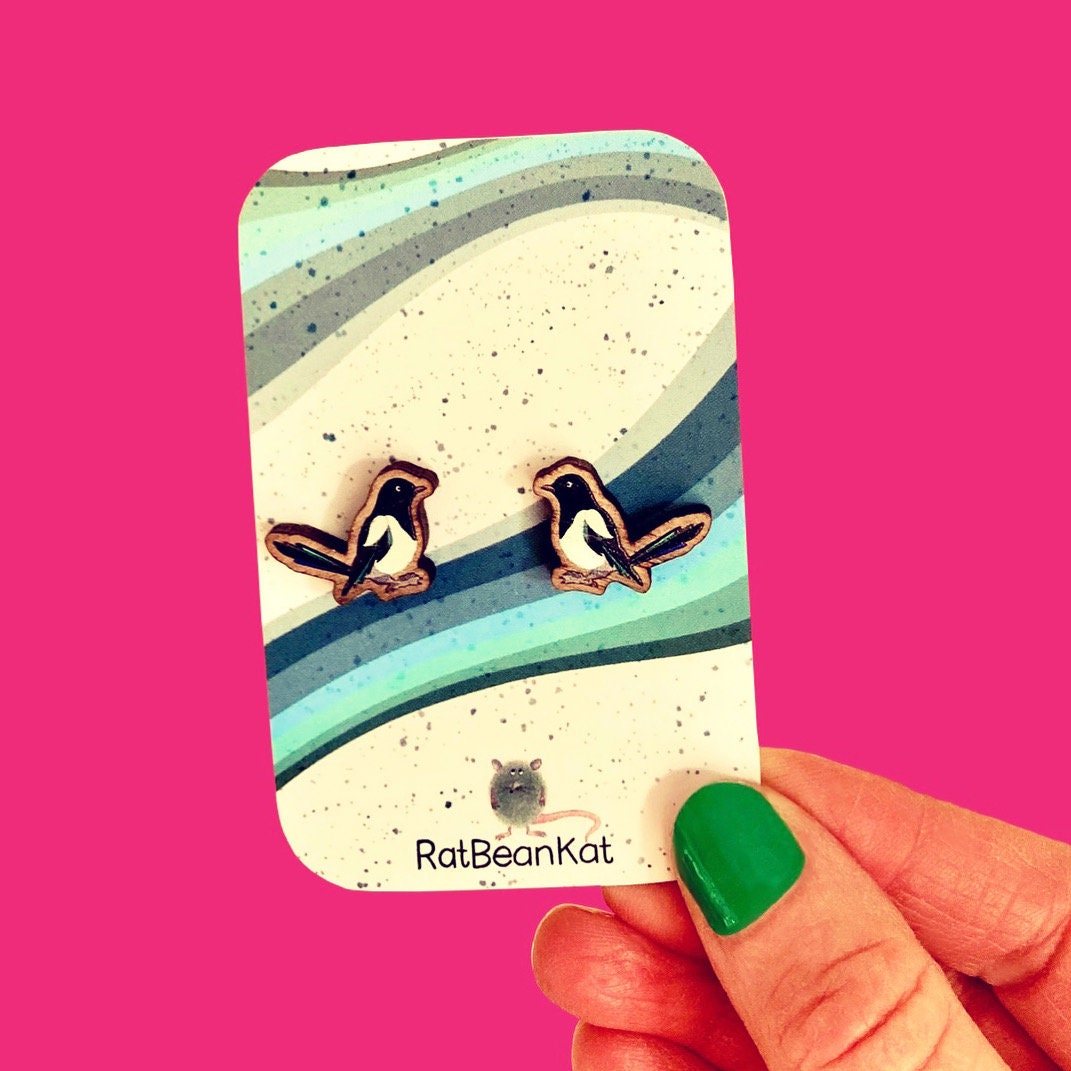 Little wooden magpie earrings