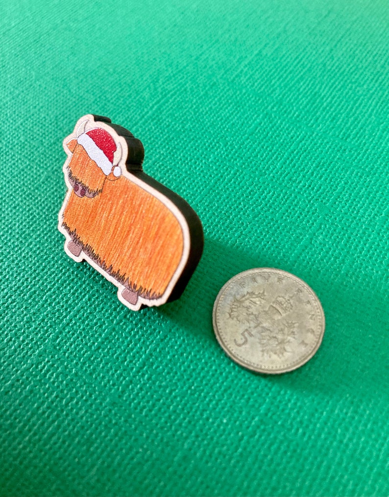 Festive orange highland cow wooden pin badge image 3