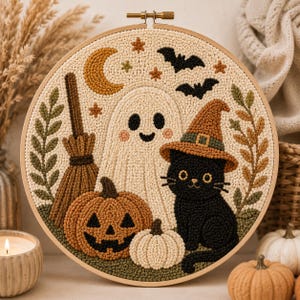 May include: A circular punch needle embroidery hoop featuring a white ghost, a black cat wearing an orange witch hat, a jack-o'-lantern, a broom, and two bats. The design includes a crescent moon, stars, and leafy branches in shades of green and brown.