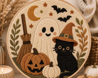 Halloween Punch Needle Pattern | Ghost & Black Cat Embroidery Designs | SVG,PNG  and PDF Download