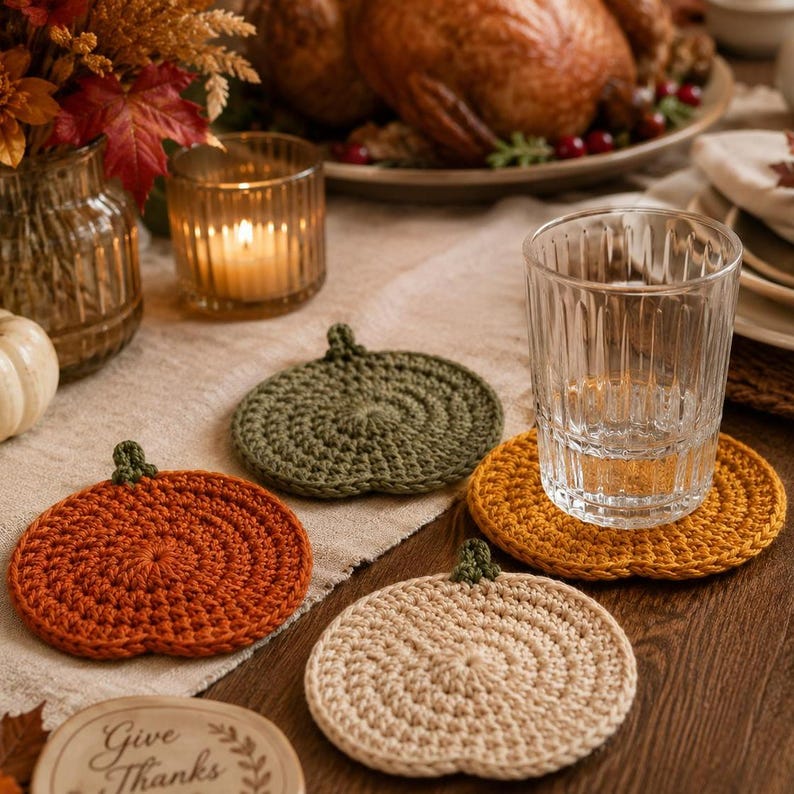 May include: A set of four round crochet coasters shaped like pumpkins in orange, olive green, mustard yellow, and cream colors. Each coaster features a small green stem at the top. One coaster supports a clear, ribbed glass tumbler on a table.