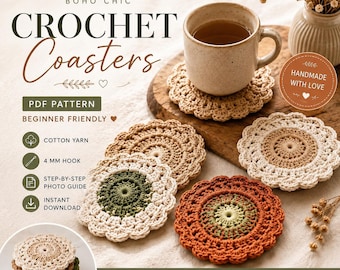 Boho Crochet Coaster Pattern, Flower Style, Beginner Photo Tutorial (PDF Download)