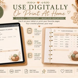 K&ouml;nnte beinhalten: Ein digitaler H&auml;kelprojektplaner auf einem Tablet und eine gedruckte Garninventarseite in einem Ordner. Die Seiten enthalten Text, Tabellen und Illustrationen von Garnkn&auml;ueln in einem Korb. Das Layout zeigt Symbole und Text f&uuml;r den Druck.