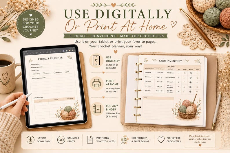K&ouml;nnte beinhalten: Ein digitaler H&auml;kelprojektplaner auf einem Tablet und eine gedruckte Garninventarseite in einem Ordner. Die Seiten enthalten Text, Tabellen und Illustrationen von Garnkn&auml;ueln in einem Korb. Das Layout zeigt Symbole und Text f&uuml;r den Druck.