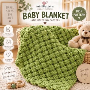 Puede incluir: Una manta para bebé tejida a mano en color verde con un patrón de tejido de cesta texturizado. La imagen incluye el texto miniiPattern, BABY BLANKET, HAND KNITTING PATTERN, PDF PATTERN, DETAILED INSTRUCTIONS, STEP-BY-STEP PHOTOS, BEGINNER FRIENDLY.
