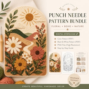 Könnte beinhalten: Ein Punch-Needle-Musterset als digitaler Download mit einer Blumenlandschaft, Sonne, Hügeln und Blumen. Der Text lautet PUNCH NEEDLE PATTERN BUNDLE, FLORAL BOHO NATURE, DIGITAL DOWNLOAD, Color Pattern, Black & White Pattern, PNG Files und Step-by-Step Guide.